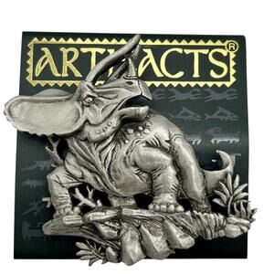 JJ Jonette Triceratops Prehistoric Dinosaur Brooch Pewter Vintage Signed Jewelry